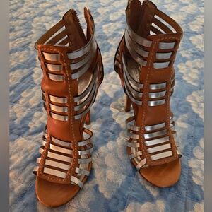 Coach Tan and Silver Strappy Heels